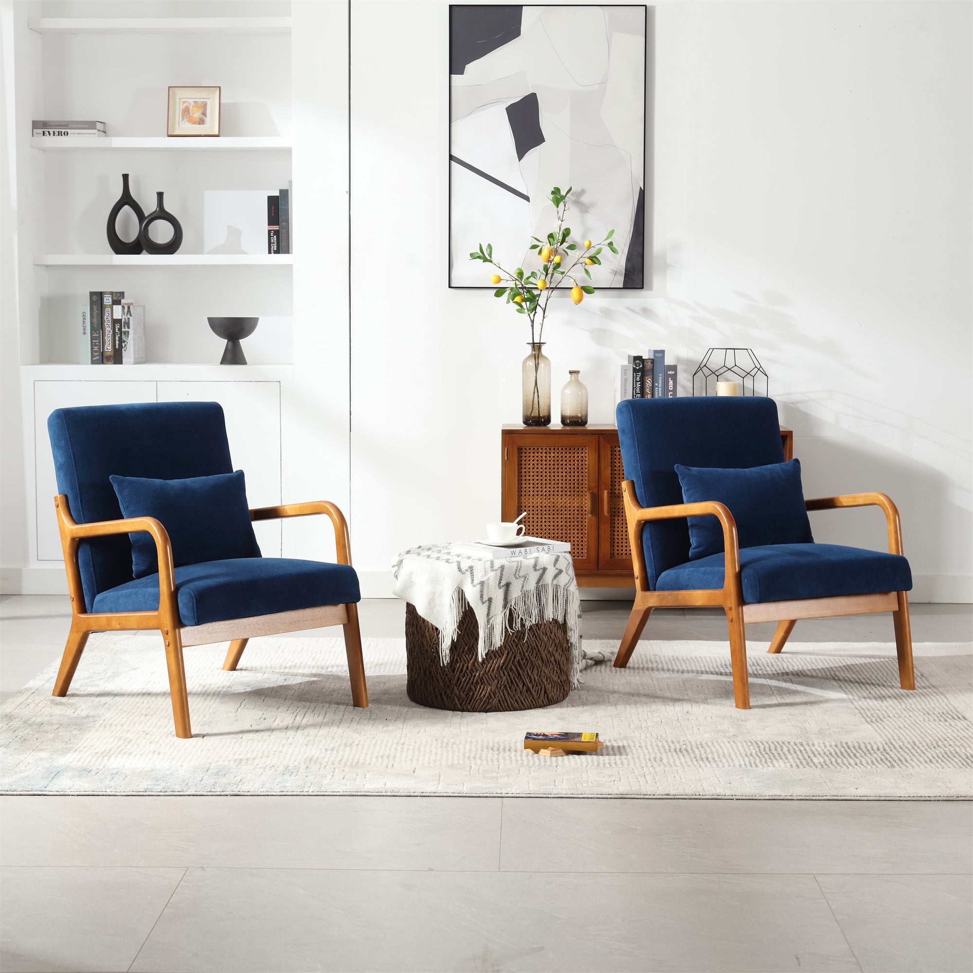 Miniyam Modern Velvet Accent Chair, Solid Wood Lounge Reading Armchair With One Pillow for Living Room, Bedroom, Guest Room, Navy