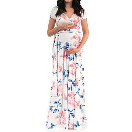 

UKAP Maternity Short Sleeve Dress with Belt for Baby Shower or Casual Wear Boho Floral Print Maxi Dress