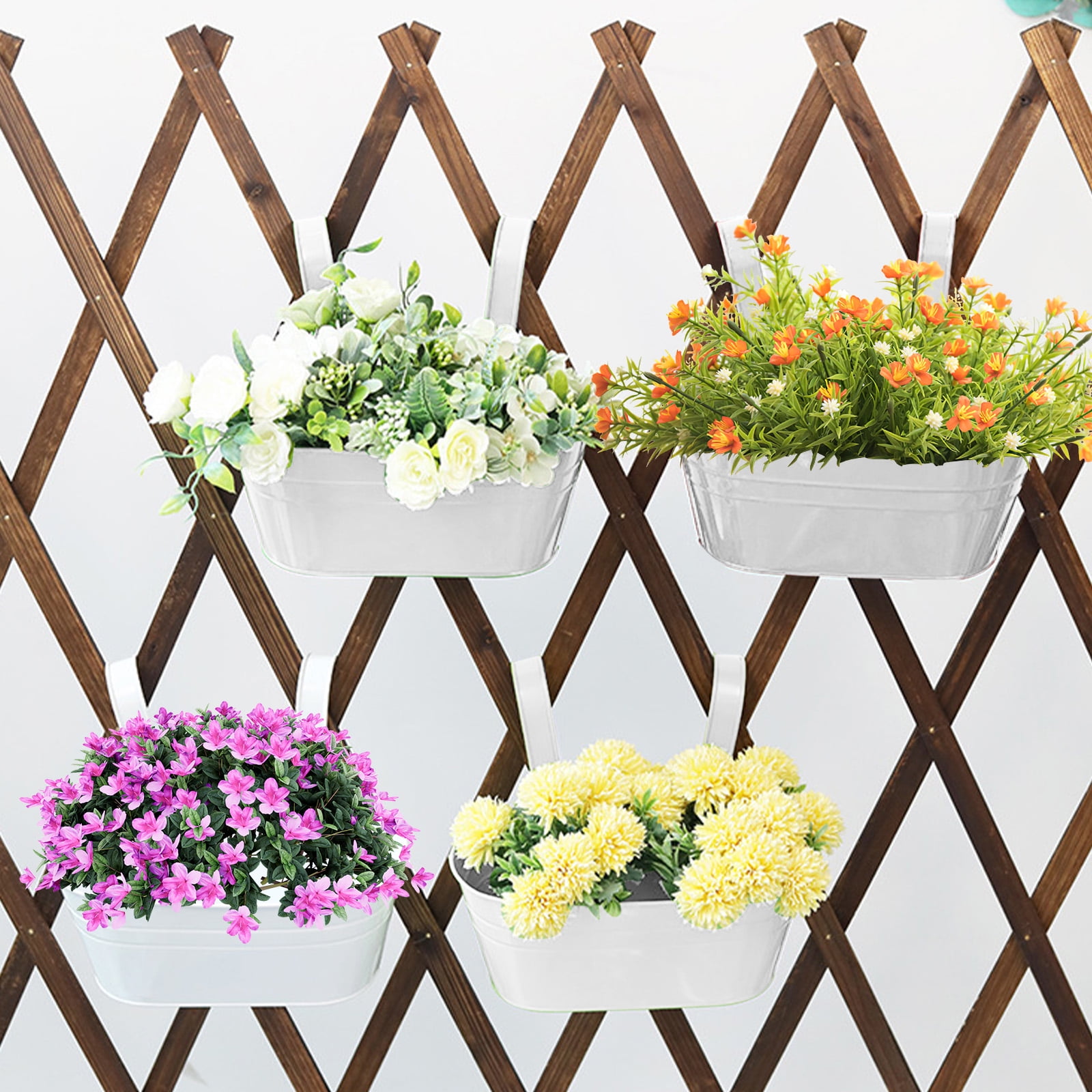 SPOKKI 8Pcs Metal Iron Hanging Flower Pots for Railing,with Detachable Hooks and Drain Holes Oval Hanging Pots Fence Planters for Railing Garden Fence (4pcs 10.6inch+4pcs 4inch)