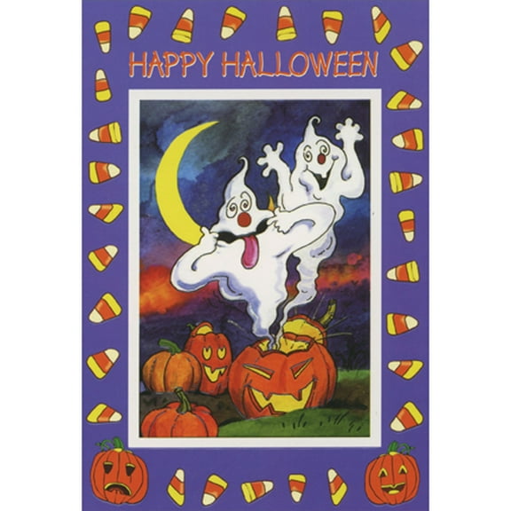 Designer Greetings Two Ghosts Making Silly Faces and Candy Corn Border Package of 8 Halloween Cards