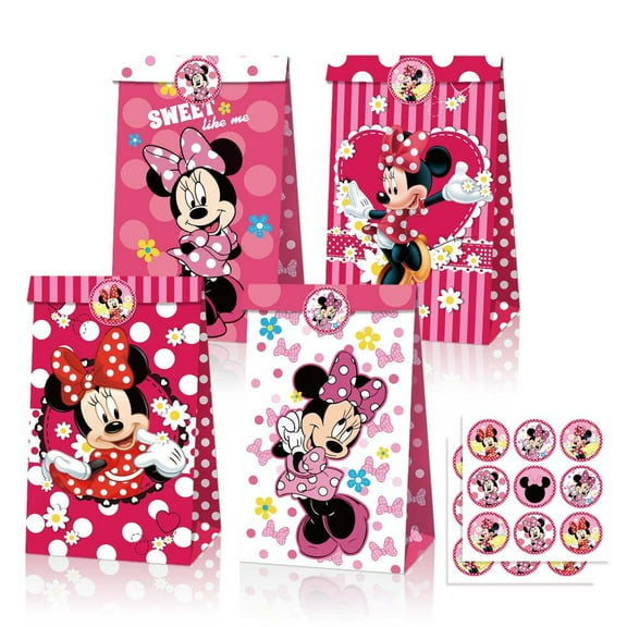 24Pcs Birthday Favors Paper Bags, Minnie Party Decoration, Minnie Theme Party Decoration Supplies ( 8.6*4.7*3.1 in)