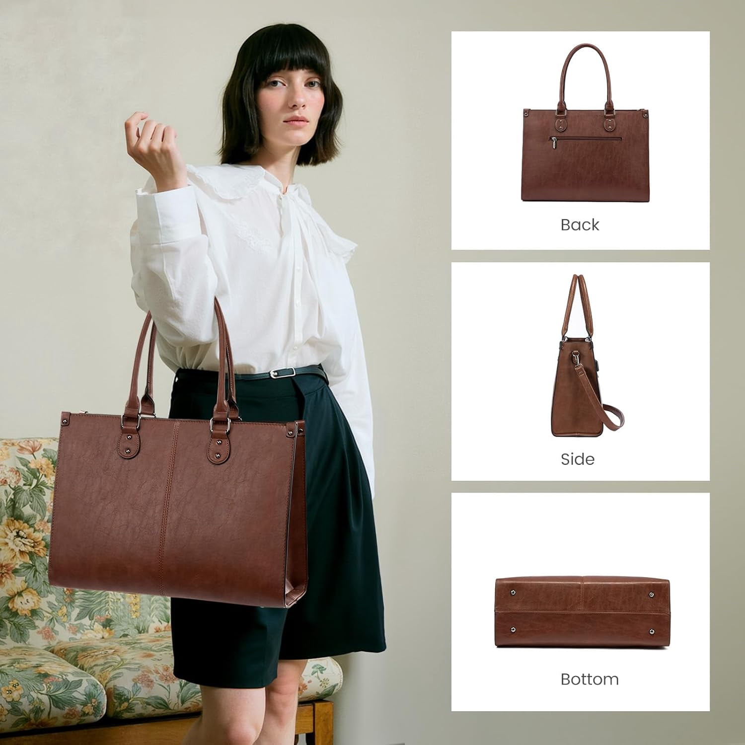 LOVEVOOK Laptop Tote Bag for Women, 15.6 Inch Large Capacity Vintage Leather Work Computer Bag, Business Casual Shoulder Handbag, Dark Brown