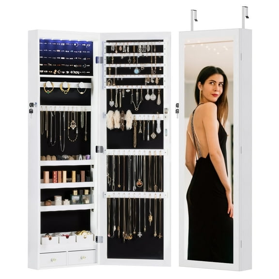 47.2-Inch Mirror Jewelry Armoire Organizer, Wall or Door Mounted Lockable Cabinet with 6 LED Lights, Full-Length Glass, 2 Drawers & Large Jewelry Storage – White