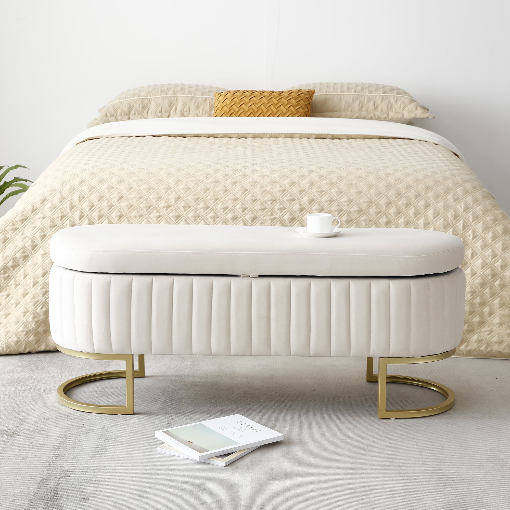 Miniyam Storage Bench Bedroom Bench, Velvet Oval Upholstered End of Bed Bench with Golden Metal Legs,Modern Storage Ottoman Bench,Beige