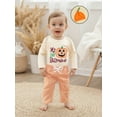 thumbnail image 5 of My First Halloween Baby Boy Outfit Letter Pumpkin Embroidery Long Sleeve Romper Plaid Pants and Hat 3Pcs Fall Winter Clothes Set, 5 of 10