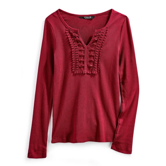 Turtle Bay New York Women's Open Crochet And Jewel Trim V-Neck Knit Top in Cotton Rib Knit