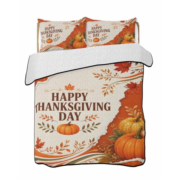 Quilts Queen Size Bedding Set, Burnt Orange Pumpkins Thanksgiving Reversible Summer Quilt 3 Pieces, Fall Botanical Farmhouse Lightweight Bedspreads Coverlets with 2 Pillow Shams for All Seasons