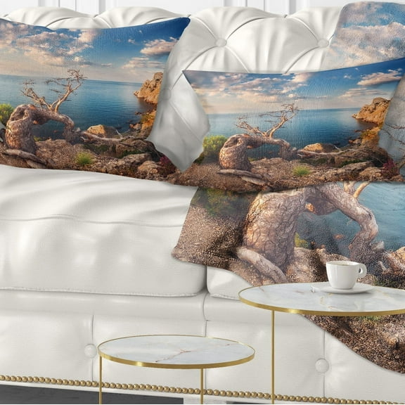 Designart Sunny Morning with Old Tree - Seashore Photo Throw Pillow - 12x20