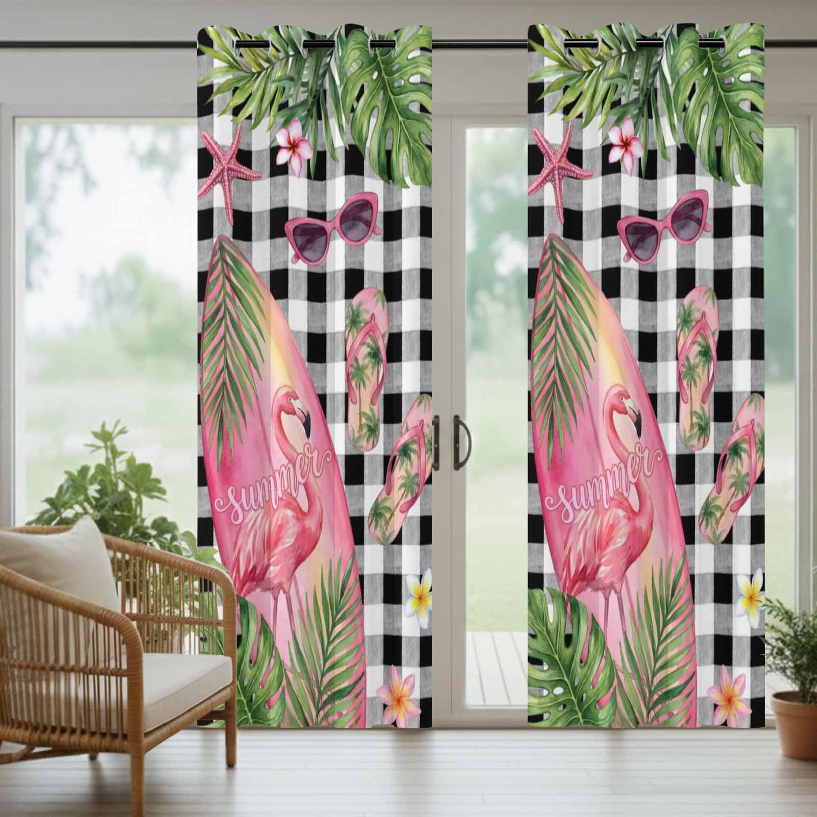 Summer Ocean Pink Surfboard Outdoor Curtains for Patio, Beach Slippers Flower Palm Leaf Black Plaid Sunshade Privacy Drapes Grommet Waterproof Outside Curtains for Porch Balcony 54"x108", 1 Panel