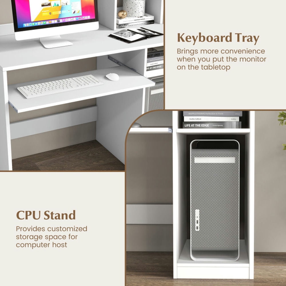 GVN Home Office Computer Desk with Bookcase Keyboard Tray and CPU Stand-White, Desk for Bedroom, Gaming Computer Desks for Study,Working,Writing