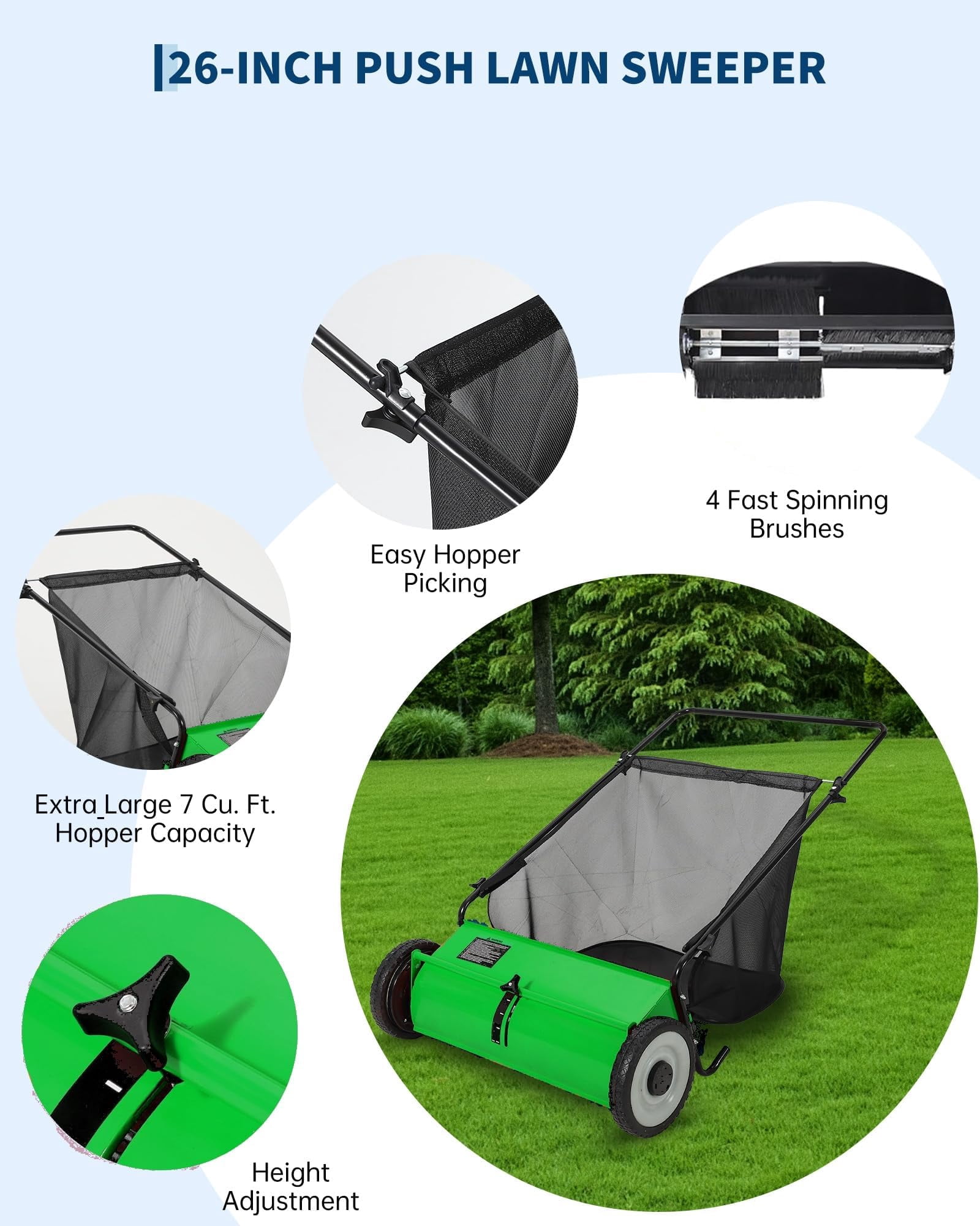 26-Inch Push Lawn Sweeper, Walk-Behind Leaves and Grass Collector with 7 Cu. Ft. Hopper, Height Adjustable, Fast-Spinning Brushes