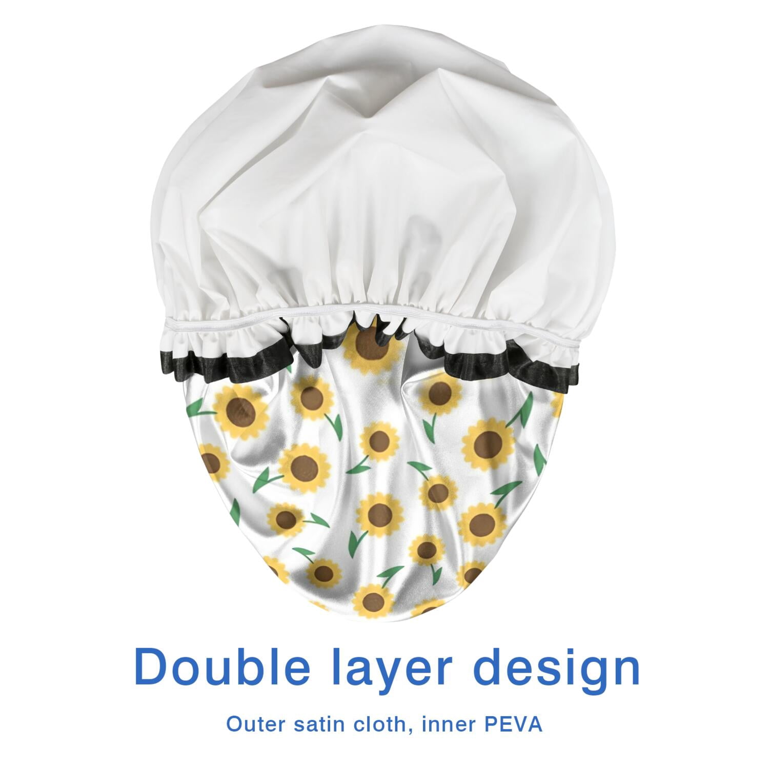 Shower Caps,White Green Stem Sunflower Pattern Waterproof Shower Cap for Women 4 Pieces,Double Reusable Hair Cover for Shower PEVA Elastic Stretch Hem