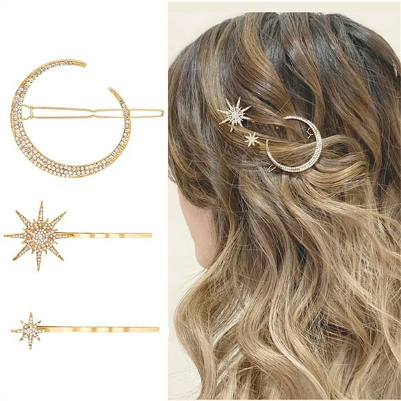 Topboutique Moon Star Hair Clips 3 Pcs Celestial Hair Clips Alloy Barrettes Hairpin Side Clip Crystal Bridal Headpieces Rhinestone Hair Barrettes for Women Ladies Accessories Hair Decoration