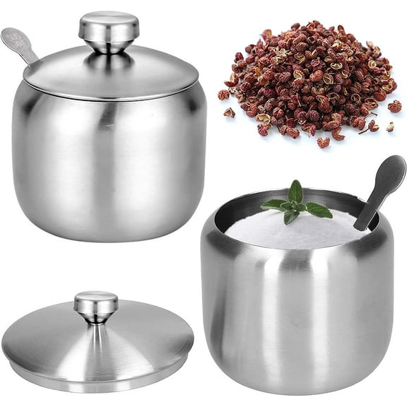IEMIEBSHA Stainless Steel Sugar Bowl, 2pcs Small Sugar Bowl Stainless Steel Sugar Bowl Salt Pot with Lid and Sugar Spoon for Home Kitchen and Cafes
