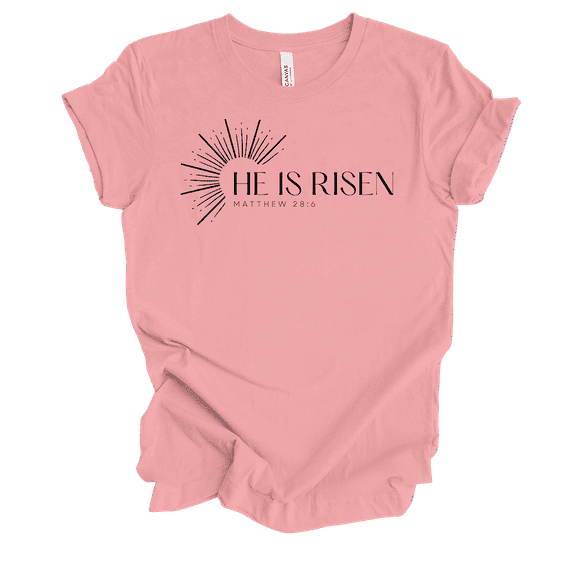 Womens Christian Tshirt He Is Risen Sun Rays Tee Matt 28:6 Short Sleeve T-shirt-Pink-large