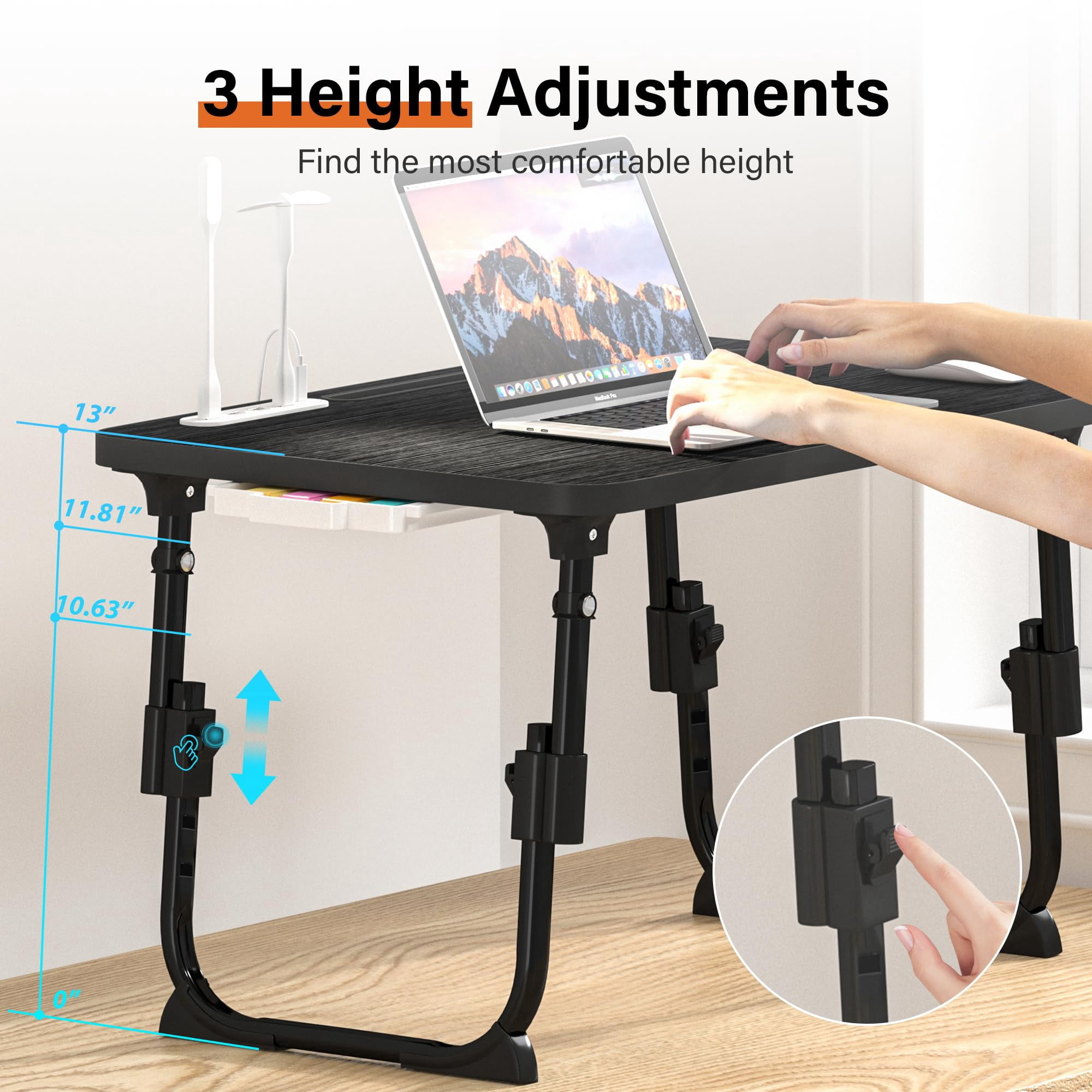 Laptop Desk For Bed Height Adjustable  Lap Table With Usb/storage Drawer/cup Holder/tablet Stand/book Shelf Foldable Breakfast Tray Portable Reading Writing Sofa & Floor Black