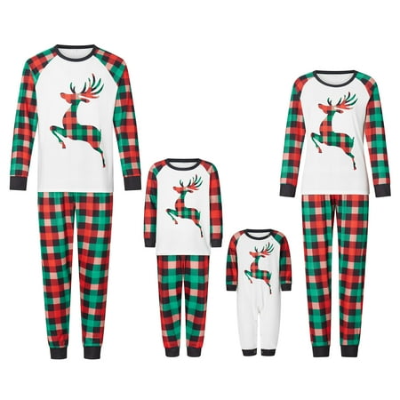 

FSDJHSDH Family Matching Christmas Pajamas Sets Elk Print Long Sleeve Tops Plaid Pants Sleepwear PJs Red White Green Baby 0-6 Months
