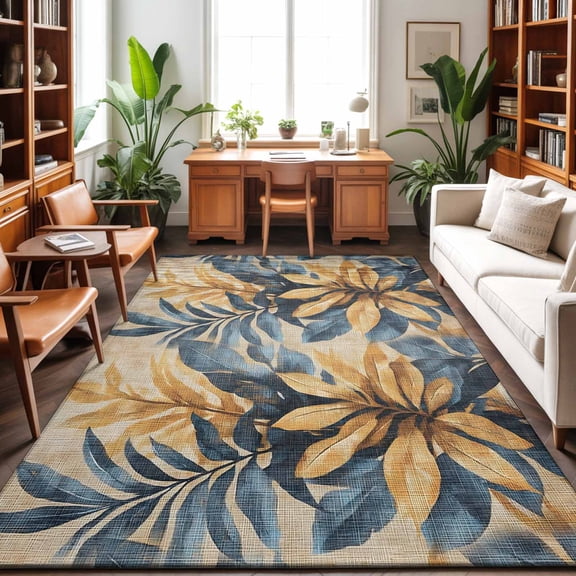 Large Area Rugs 5'x8', Navy Blue Brown Carpet Runner Indoor Outdoor Rugs Home Decor Aesthetic, Tropical Palm Leaves Vintage Non Slip Mats Washable Accent Rug for Living Room Bedroom