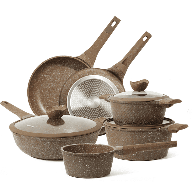 Carote Nonstick Granite Cookware Sets, 9 Pcs Brown Granite Pots and
