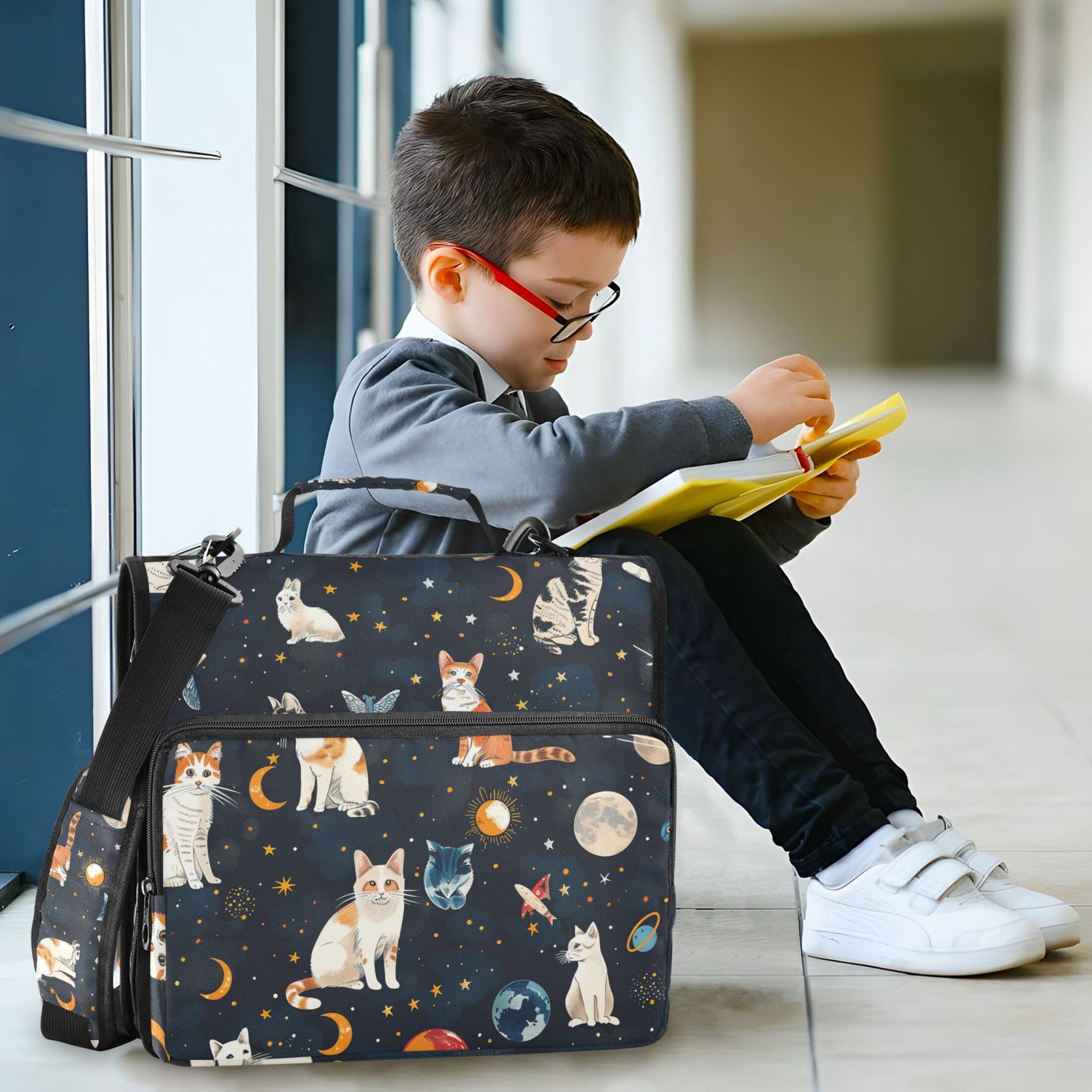 3 Ring Zipper Binder with Shoulder Strap Waterproof Trapper Keeper 2 Inch D-Ring 500 Sheets Capacity Cat Butterfly in Space