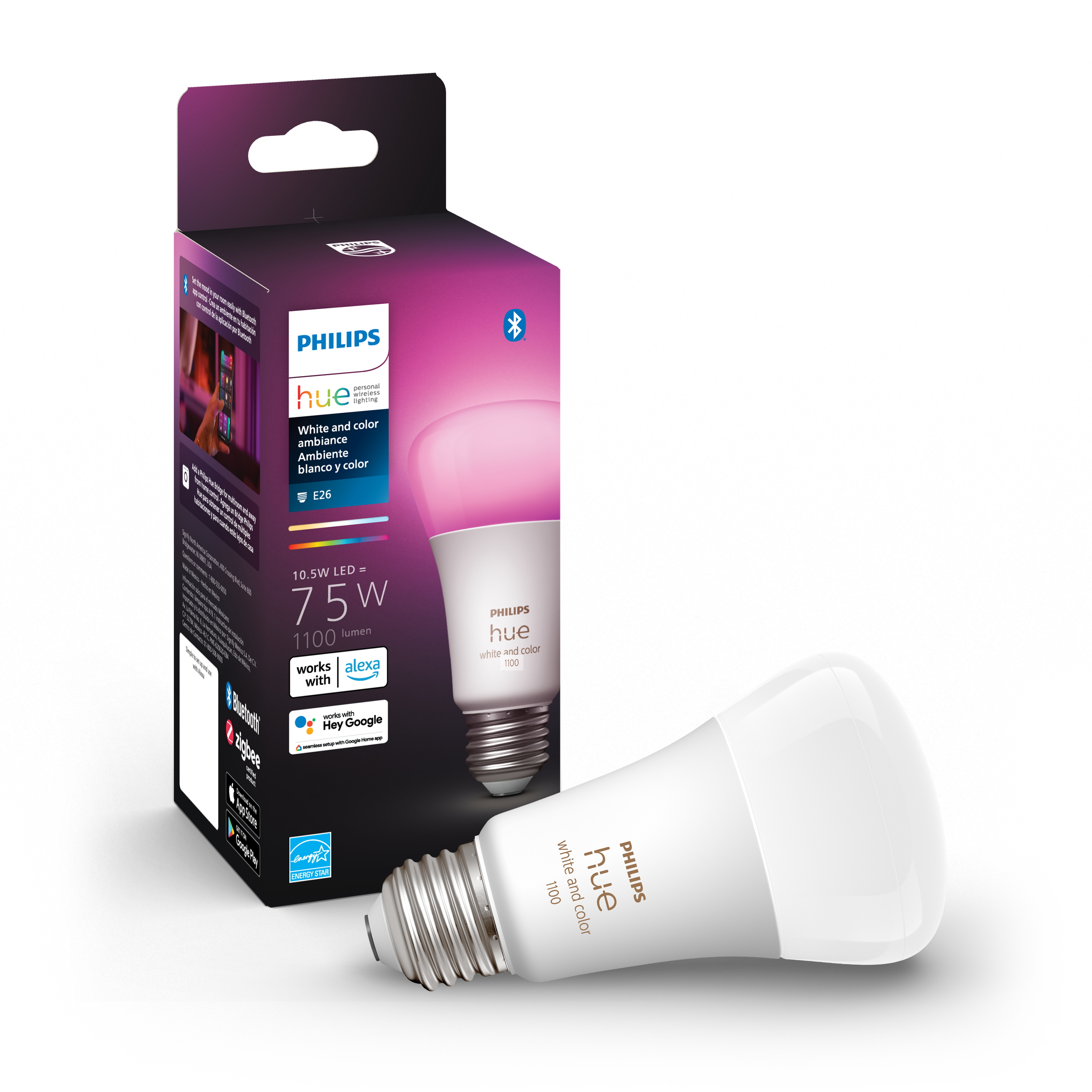 Philips Hue White and Color Ambiance A19 E26 Medium Base Smart Bulb 1 Pack, White