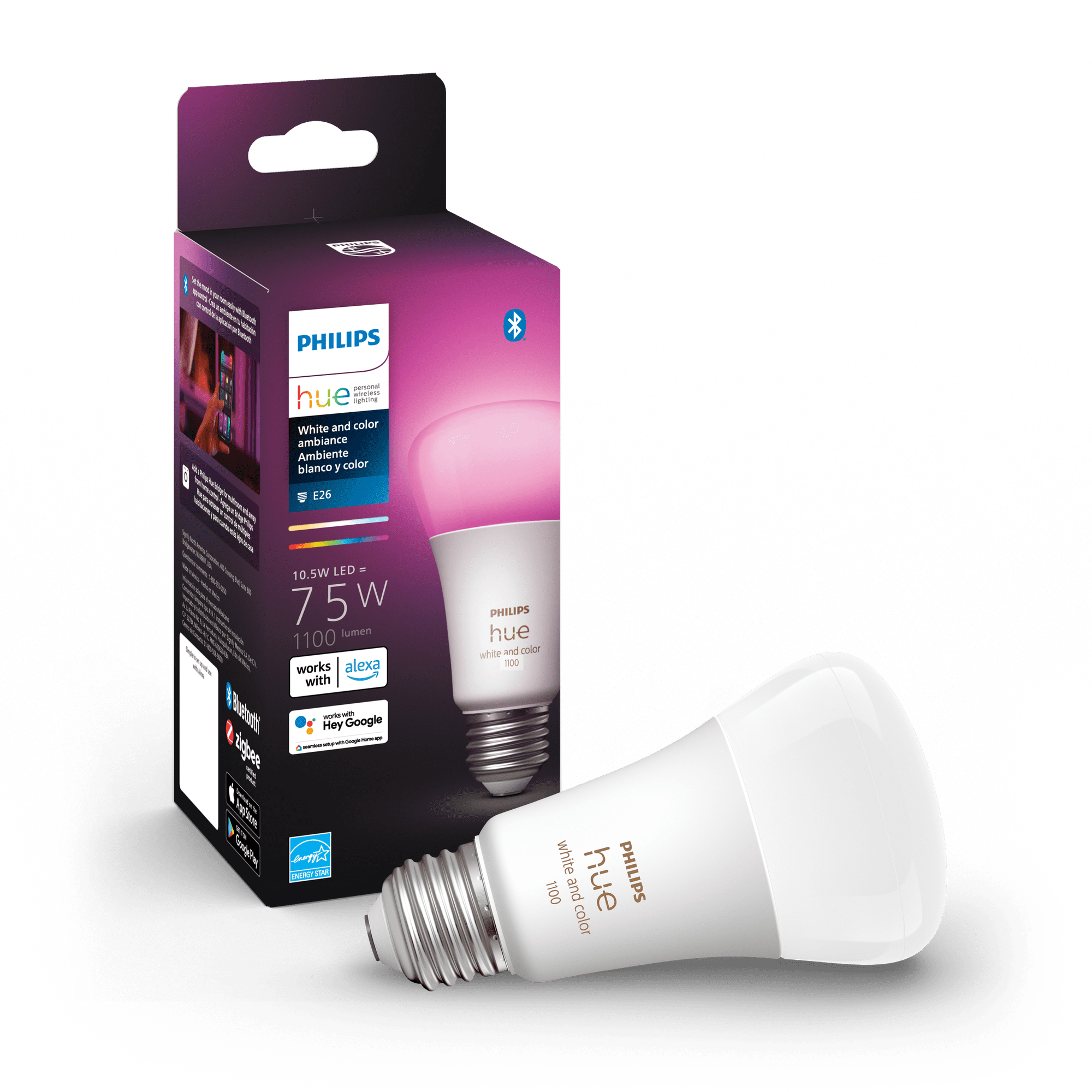 Philips Hue White and Color Ambiance A19 E26 Medium Base Smart Bulb 1 Pack, White