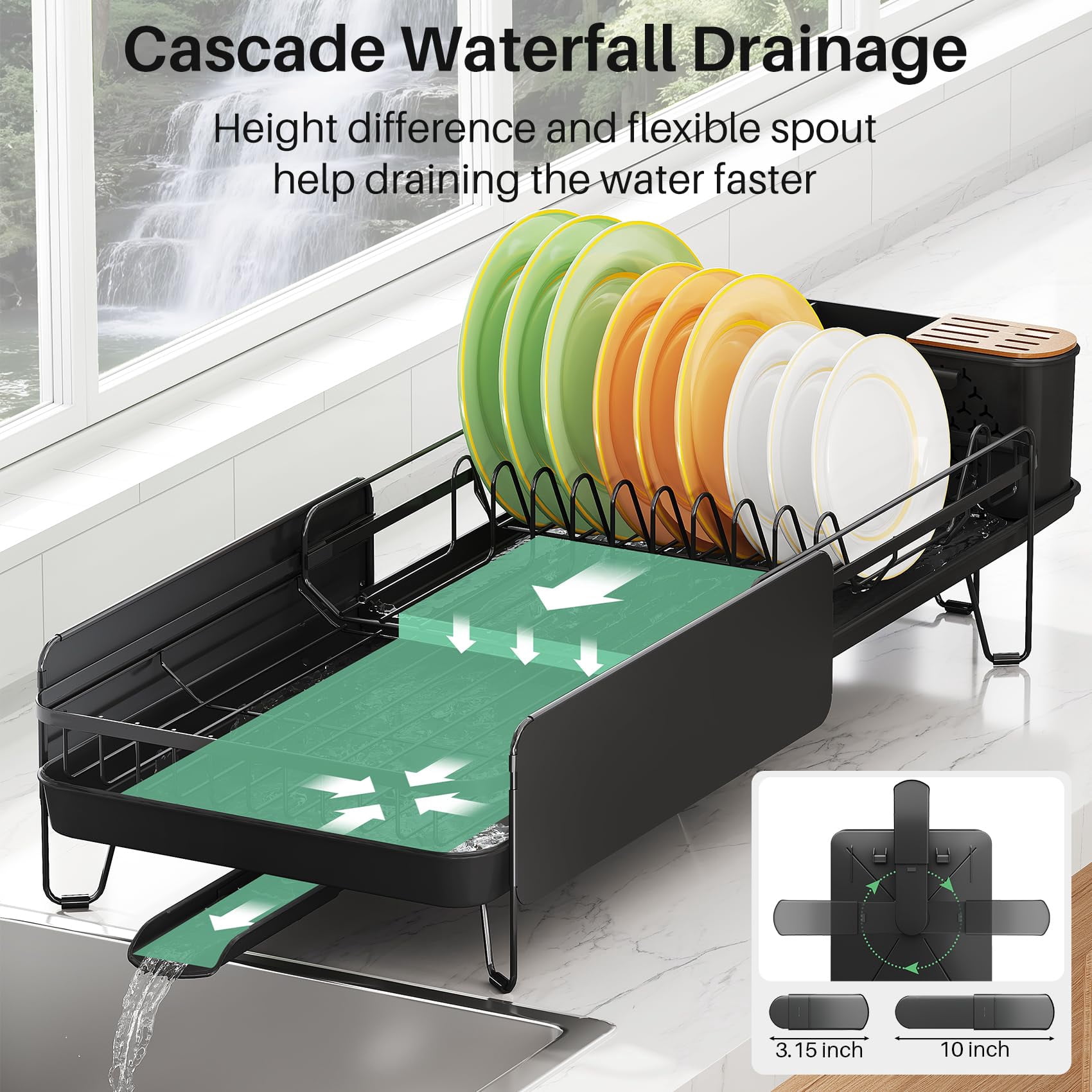 Dish Drying Rack Black Stainless Steel Expandable for Kitchen Counter