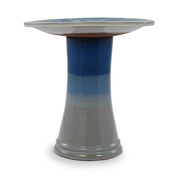 17" Ceramic Outdoor Bird Bath, Elegant Tall Pedestal Style, Lightweight Glazed Finish with Swirl Pattern, Beautiful Green Ombre – Perfect for Garden & Patio Decor