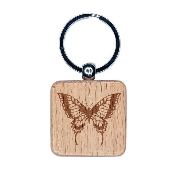 Swallowtail Butterfly Square Keychain Charm Tag - Engraved Wood