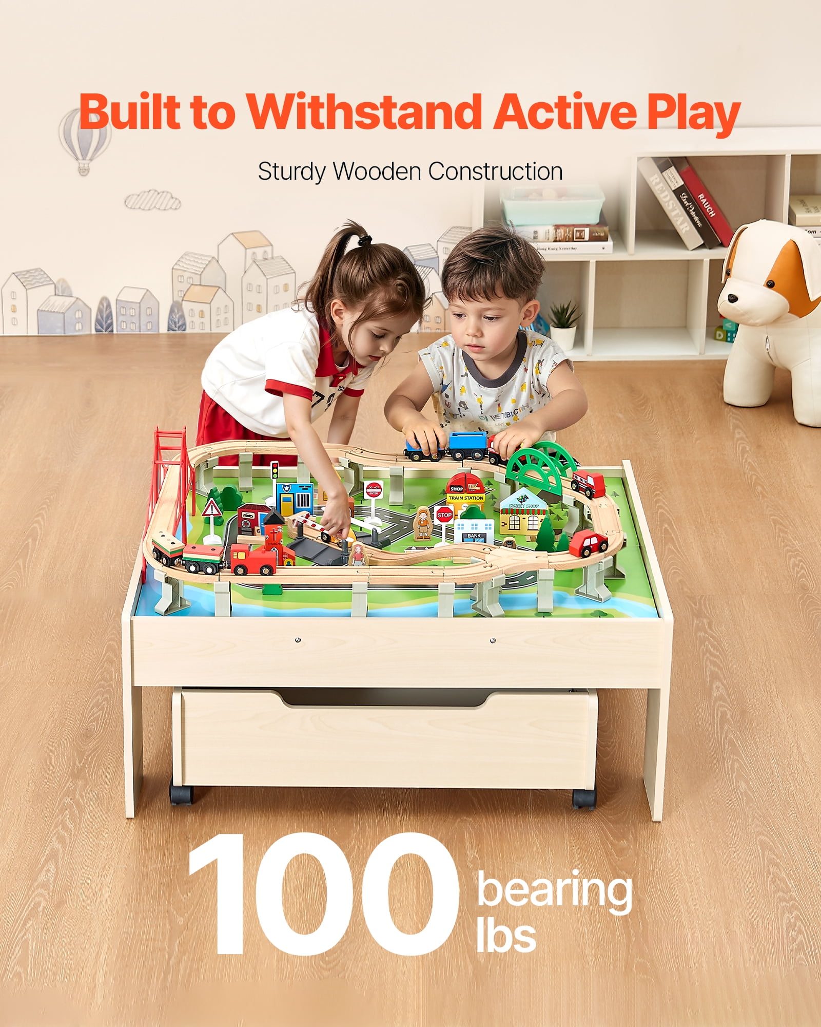 VEVOR Train Table, 100 Multicolor Pieces Wooden Kids Activity Table with Rolling Storage Drawer, 3-in-1 Wooden Train Set for Gaming, Drawing, Reading, Eating, Creative Toy Set for Kids Ages 3+