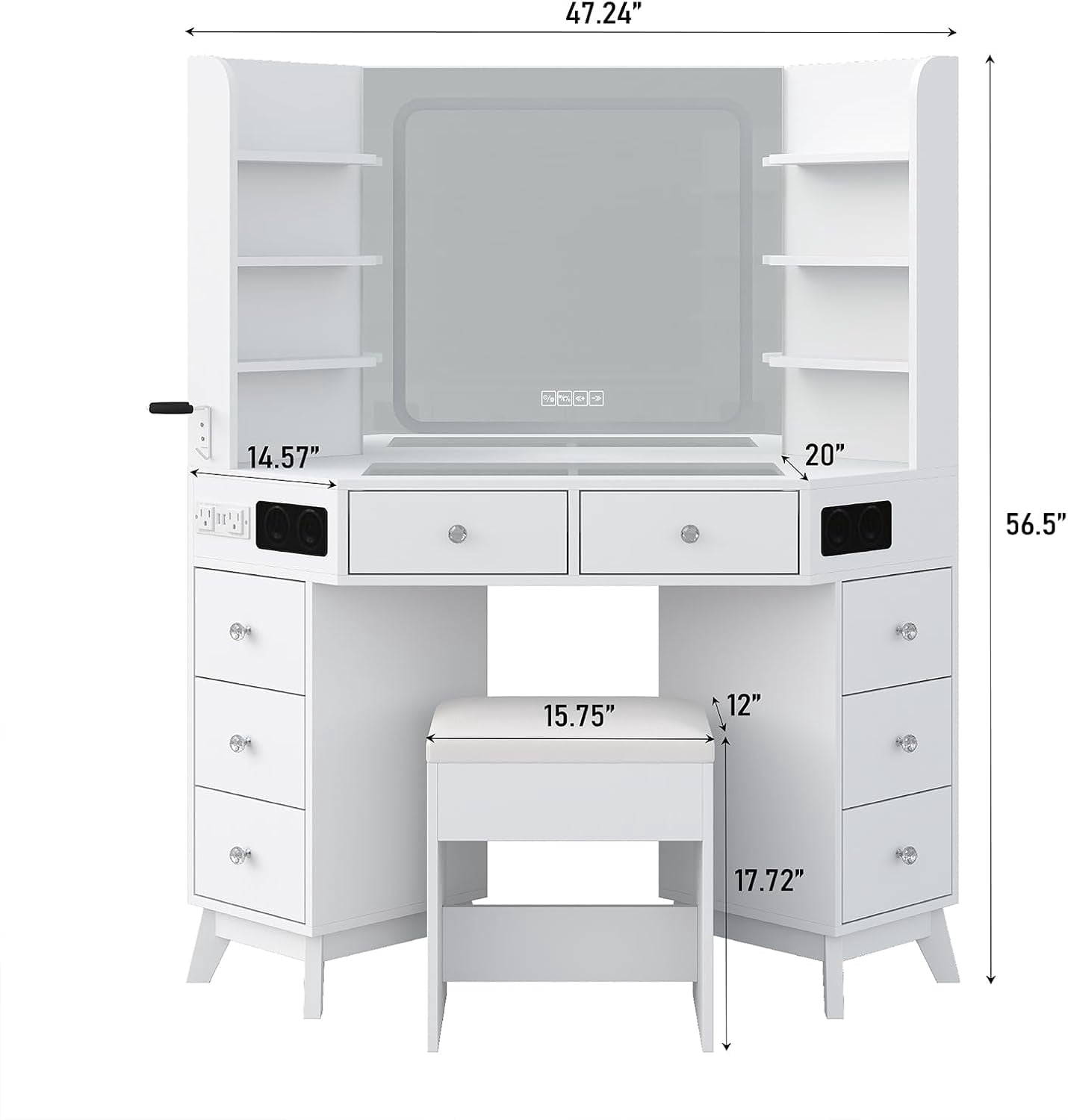 Corner Vanity Desk with Mirror and Lights, Modern Makeup Vanity with Glass Top, Bluetooth Speaker, 8 Drawers and 6 elves, 3 Color Lighting Modes, Dressing Table with Chair for Bedroom, White