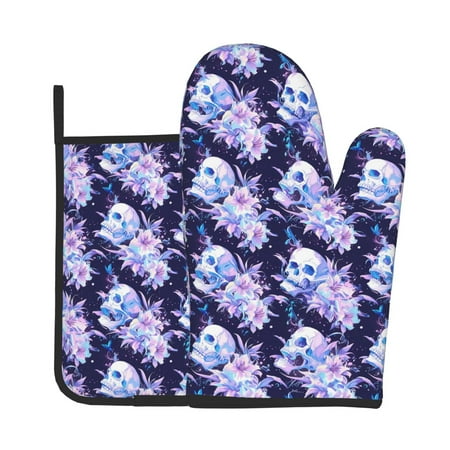 

Lukts blue starry sky Skull flower Print Kitchen Heat-Resistant Gloves and Spacers 2pcs Set Suitable for Baking and Cooking