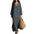 thumbnail image 2 of Guieoi Shift Dresses for Women 2026 Fall Long-Sleeve V-neck Cotton-Linen Split-Hem Dress Gray XXL, 2 of 7