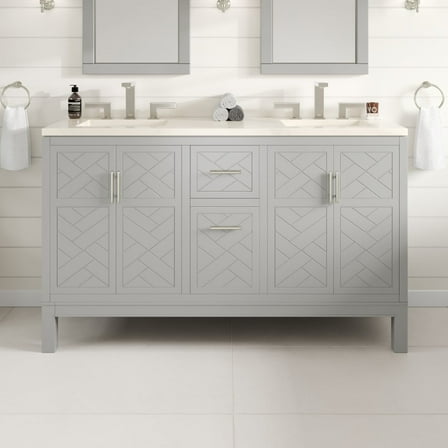 Eviva Cambridge 60 in. Gray Double Sink  Bath Vanity with Bianco Bella Quartz Top and Undermount Porcelain Sinks