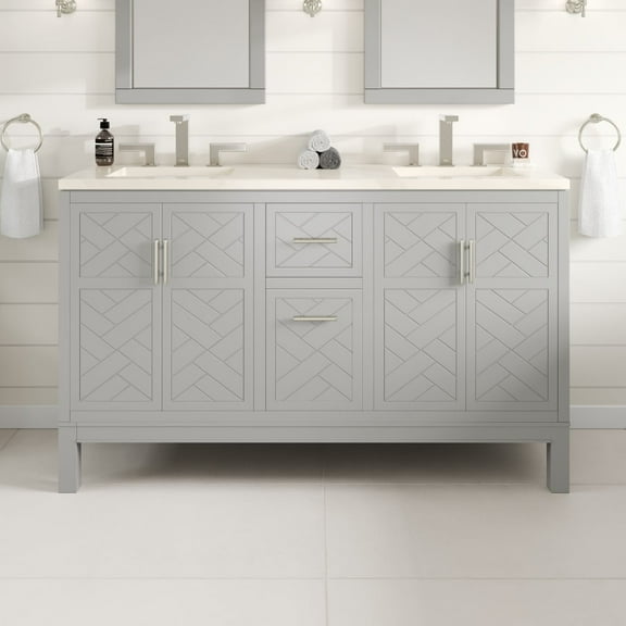 Eviva Cambridge 60 in. Gray Double Sink  Bath Vanity with Bianco Bella Quartz Top and Undermount Porcelain Sinks