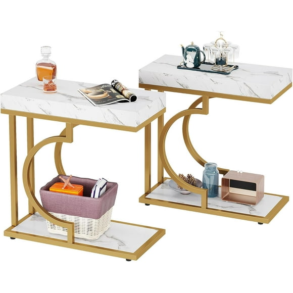 Tribesigns White and Gold Narrow Side Table, Modern C-Shaped End Table with Faux Marble Top and Metal Frame, Small Sofa or Bedside Table for Living Room (Set of 2)