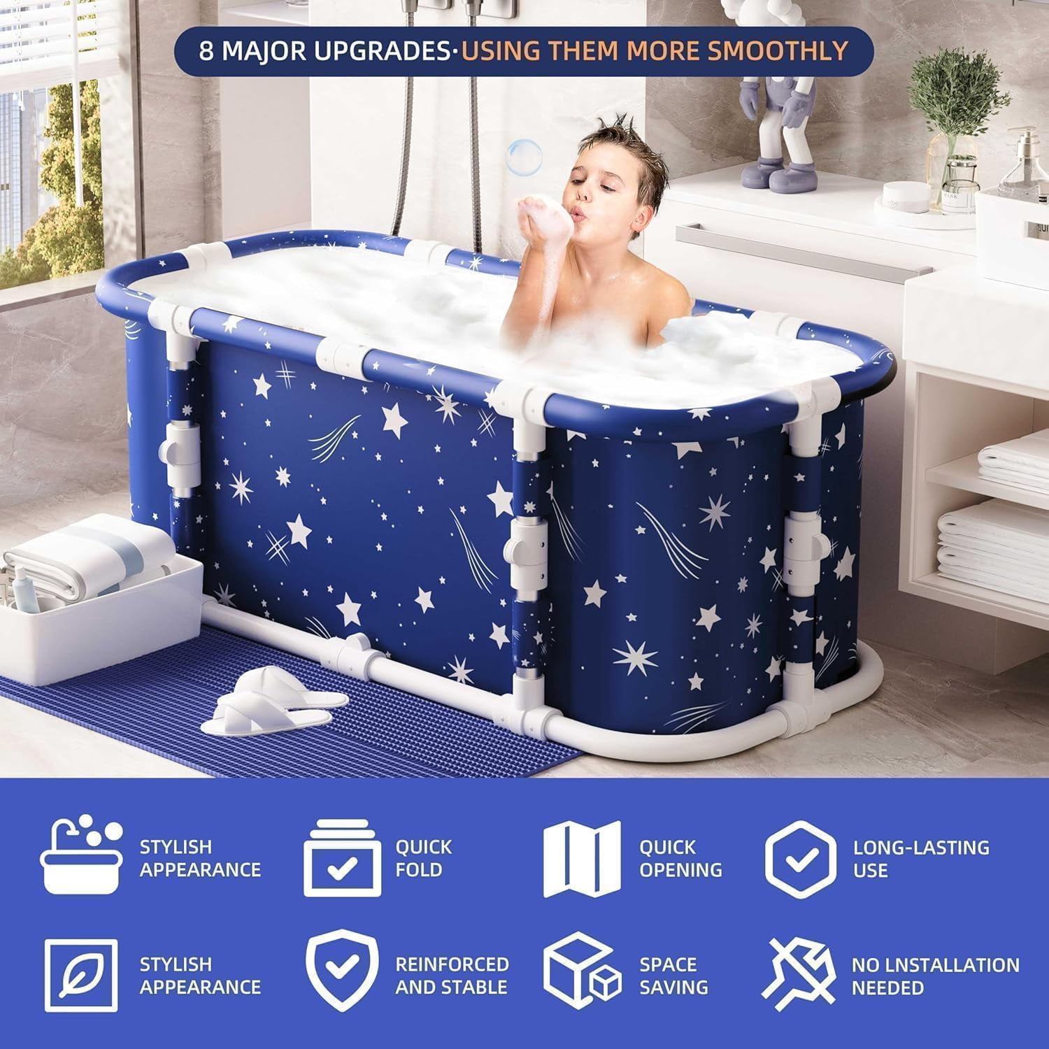 Portable Bathtub, 47“ Foldable Bathtub-Installation Free, 7 Layers Thicken with Metal Support, Therapy Tub for Shower Stall Fold Up Soaking Bath Tub, Hot SPA, Ice (Classic Star EA6)