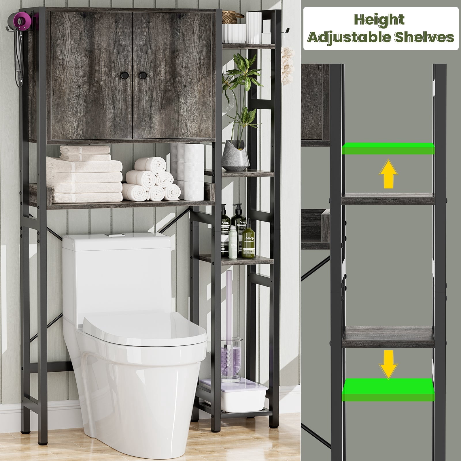 Over The Toilet Storage Cabinet with Doors, Homieasy 7 Tier Bathroom Organizer with Adjustable Shelf and 4 Hooks, Space Saving Rack for Bathroom, Restroom, Laundry