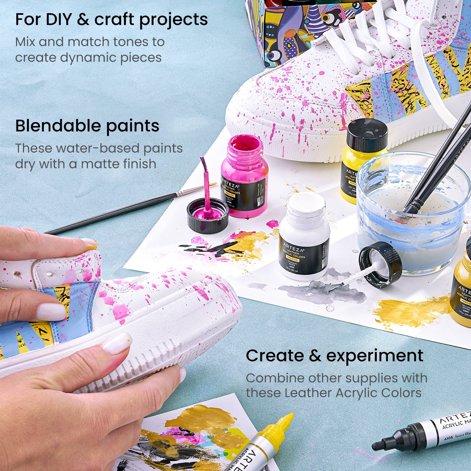 Arteza Leather Fabric Paint Set with Brush, 30ml Bottles, Assorted Colors - 12 Pack (ARTZ-3957)