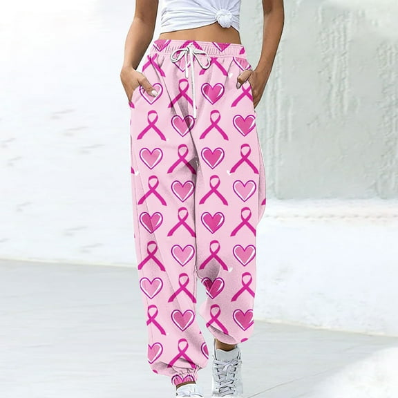 CFLVAEK Breast Cancer Awareness Sweatpants for Women Pink Ribbon Print Baggy Sweatpant Casual High Waist Cinch Bottom Pants for Cancer Survivor Gift Pink XXL