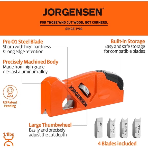 JORGENSEN Chamfer Plane, Edge Corner Plane with 4 Cutter Heads, Storage Space - Hand Plane for Woodworking, Carpenter Woodworking Tools for Edge Trimming of Wood, Edge Corner Flattening