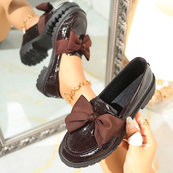 Vibrex Womens Chunky Loafers Women's Patent Leather Bow Loafers Textured Platform Sole Slip On Spring Summer Shoes Women's Shoes,Size:8.5