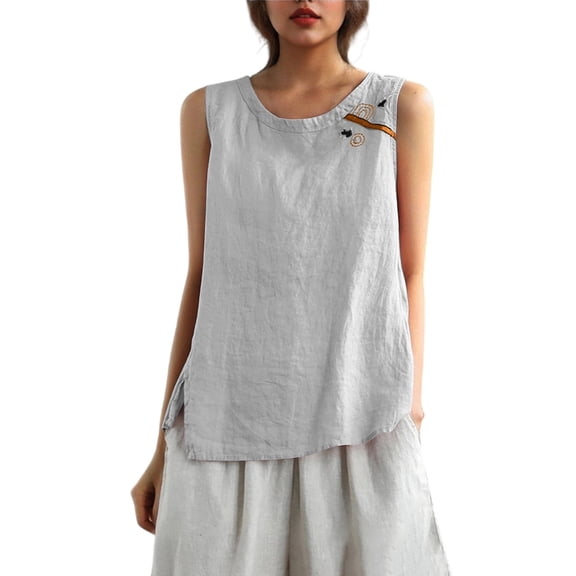 CHUMUD Womens Summer Cotton Linen Tops Sleeveless Casual Blouse Crew Neck Side Slit Top Loose Fit Spring Fashion