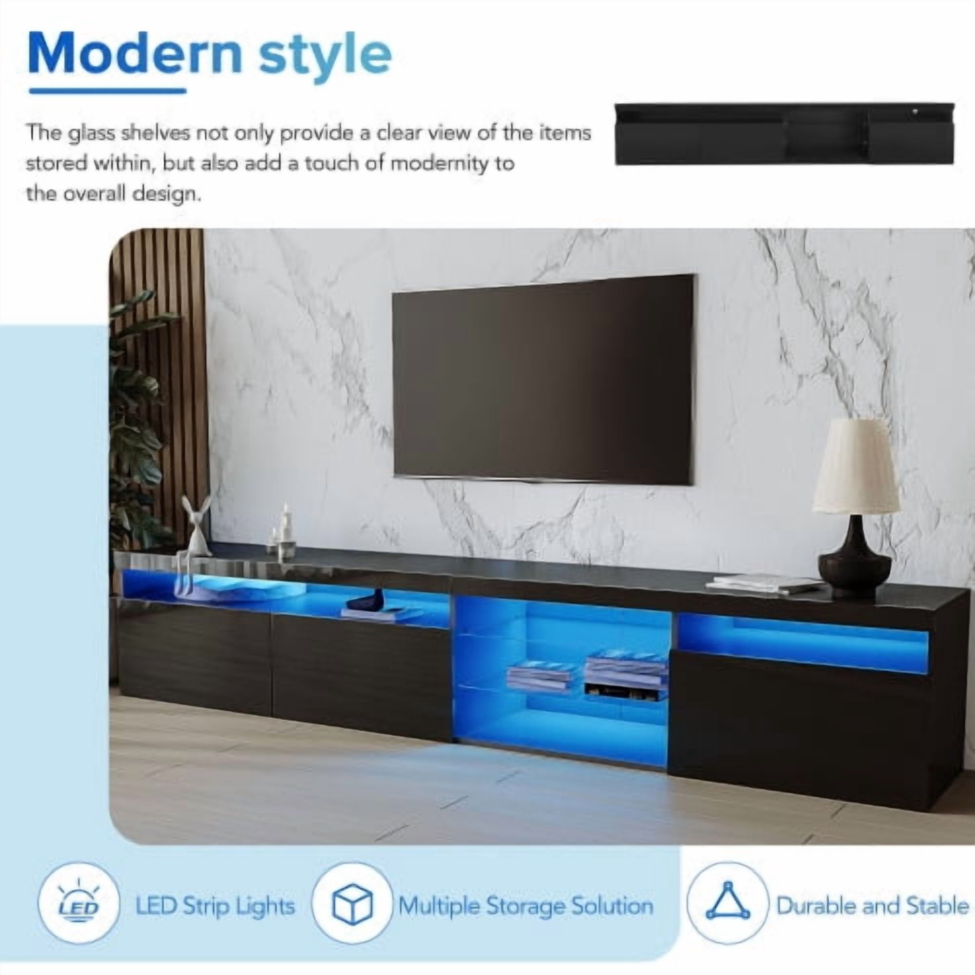 HICOMILA LED TV Stand for 80/90/100 inch TVs, Large Entertainment Center Console Table with 4 Glass Shelves & 2 Storage Cabinets, White