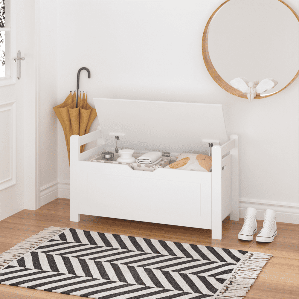 IVV 35"W Storage Chest, Wooden Storage Bench with Seating Cushion, Lift Top Toy Chest with Safety Hinges, Entryway Shoes Bench for Living Room, Bedroom, White