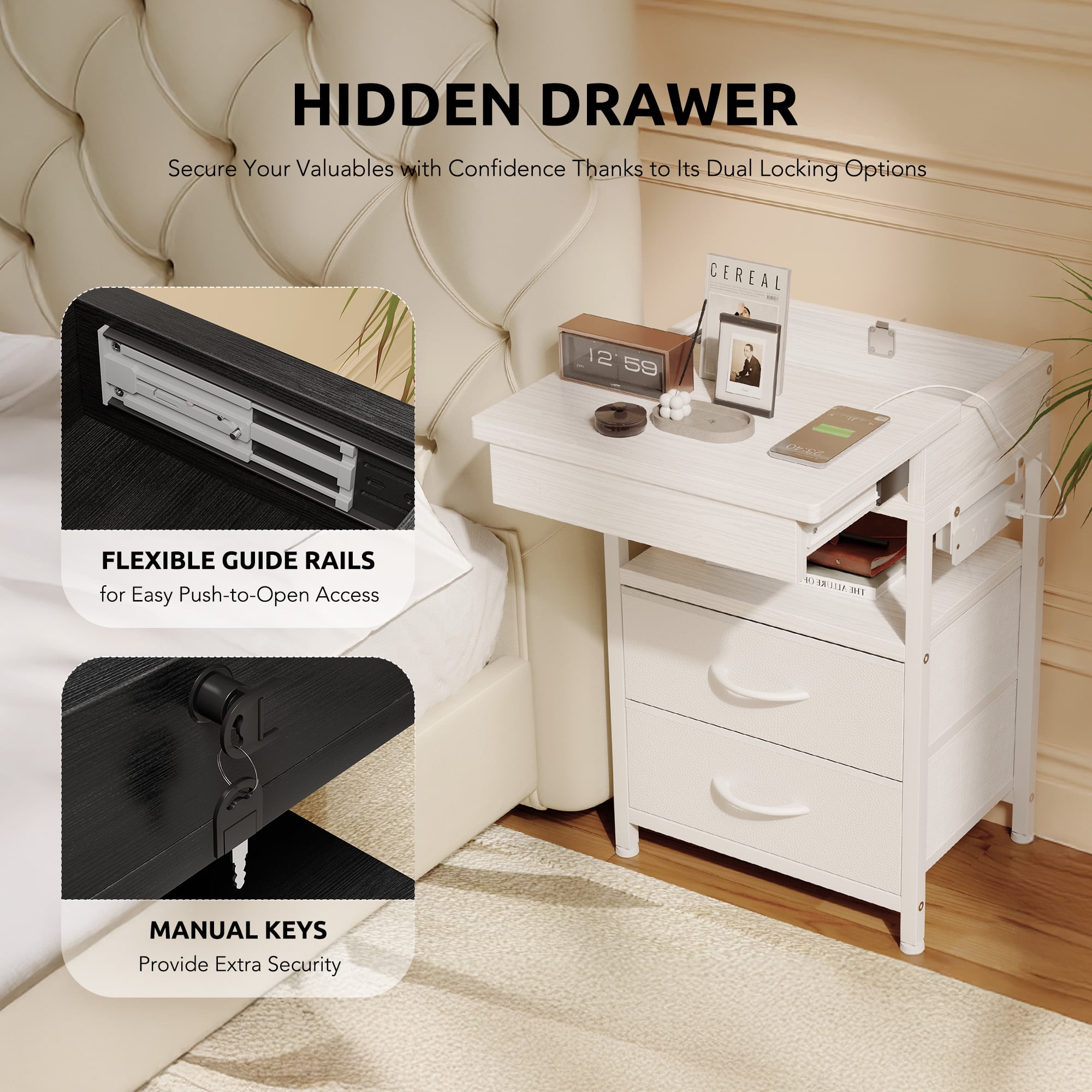 Bestco Nightstand with Sliding Top Modern End Table with Charging Station & 2 Drawers White