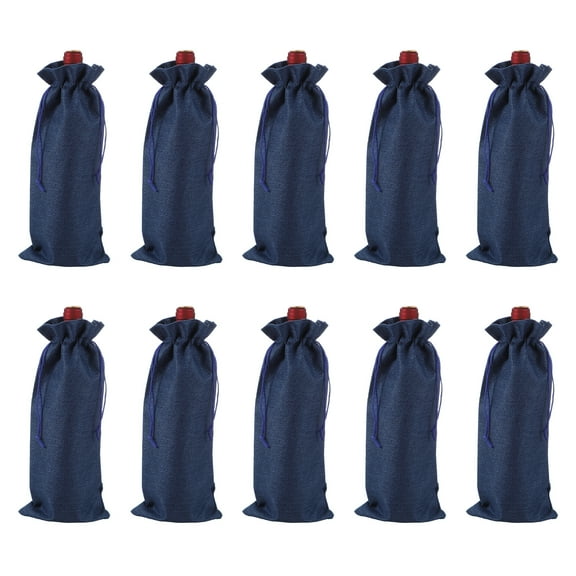 10pcs Burlap Wine Bags, Wine Bottle Gift Bags with Drawstrings, Liquor Bottle Covers for Wedding Birthday Party Favors, Dark Blue