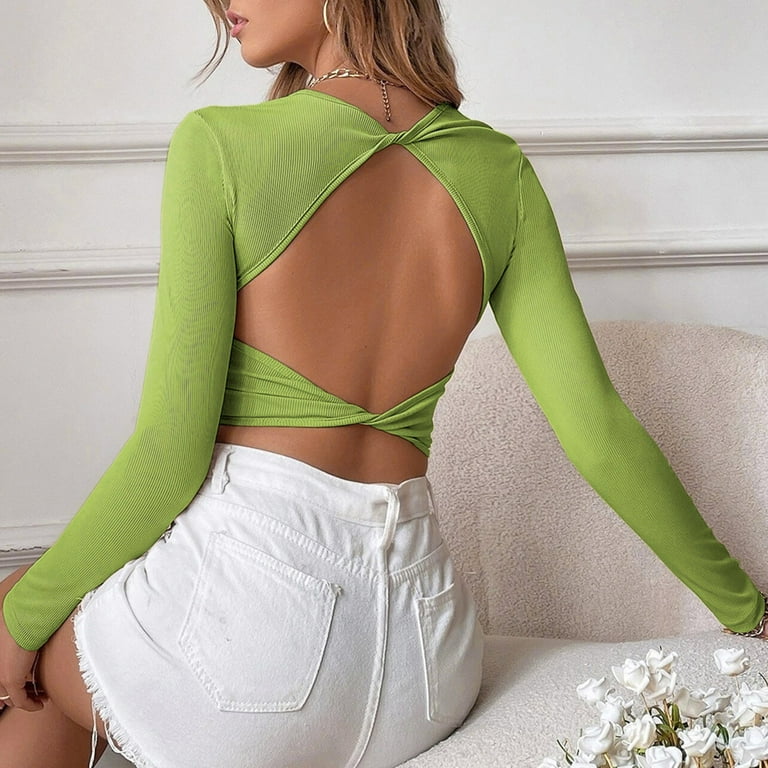 PMUYBHF Backless Top with Built in Bra Plus Size Womens Backless Casual  Cropped Slim Long Sleeve T Shirt Top Womens Fashion White Long Sleeve  Shirts