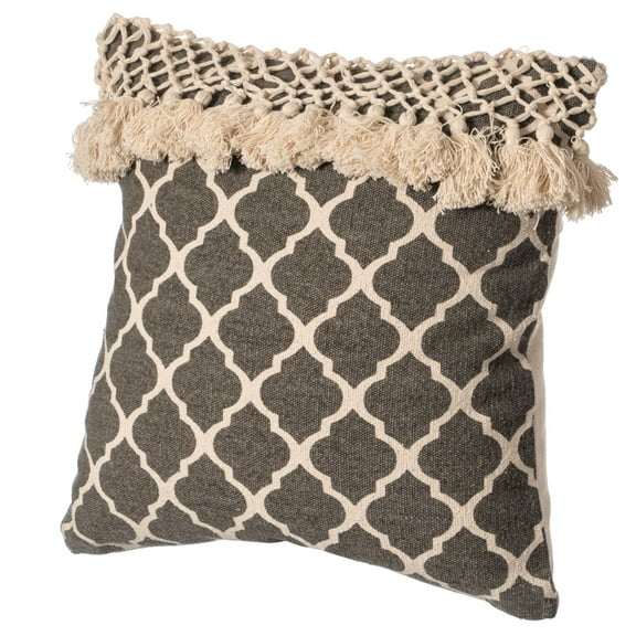 16" Handwoven Cotton Throw Pillow Cover with Ogee Pattern and Tasseled Top with Filler, Charcoal