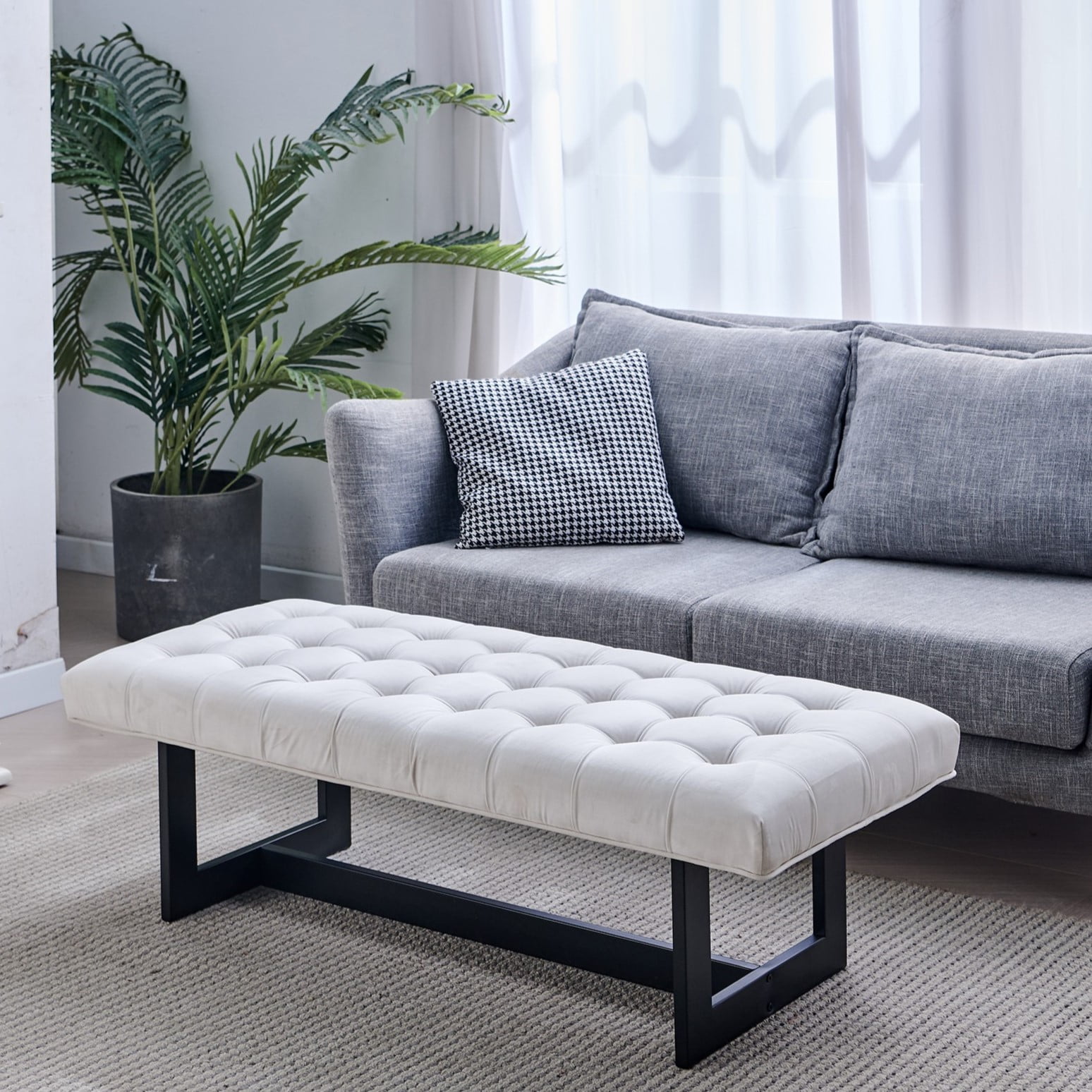 Nathaniel Home 48'' Button-Tufted Kids Ottoman, Upholstered Bedroom Benches, Vegan Leather Footrest Stool Accent Bench, for Living Room End of Bed White